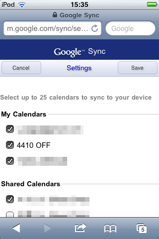 iPhone上のGoogle Sync - カレンダー選択 iPhone上のGoogle Sync - カレンダー選択
